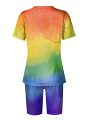 V Neck Short Sleeve Tee & Workout Slim Shorts Set Women's Clothing