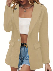Waffle Grid Button Front Blazer Long Sleeve Women's Clothing