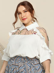 Contrast Mesh Ruffle Trim Blouse Plus 3/4 Sleeve