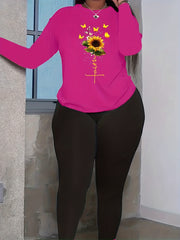 Women's Plus Letter & Sunflower Print Long Sleeve Top & Leggings Set