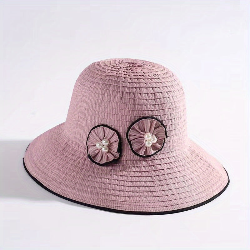 Striped Sun Hat Faux Pearl Wide Brim UV Protection Bucket Hat