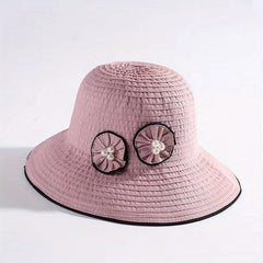 Striped Sun Hat Faux Pearl Wide Brim UV Protection Bucket Hat