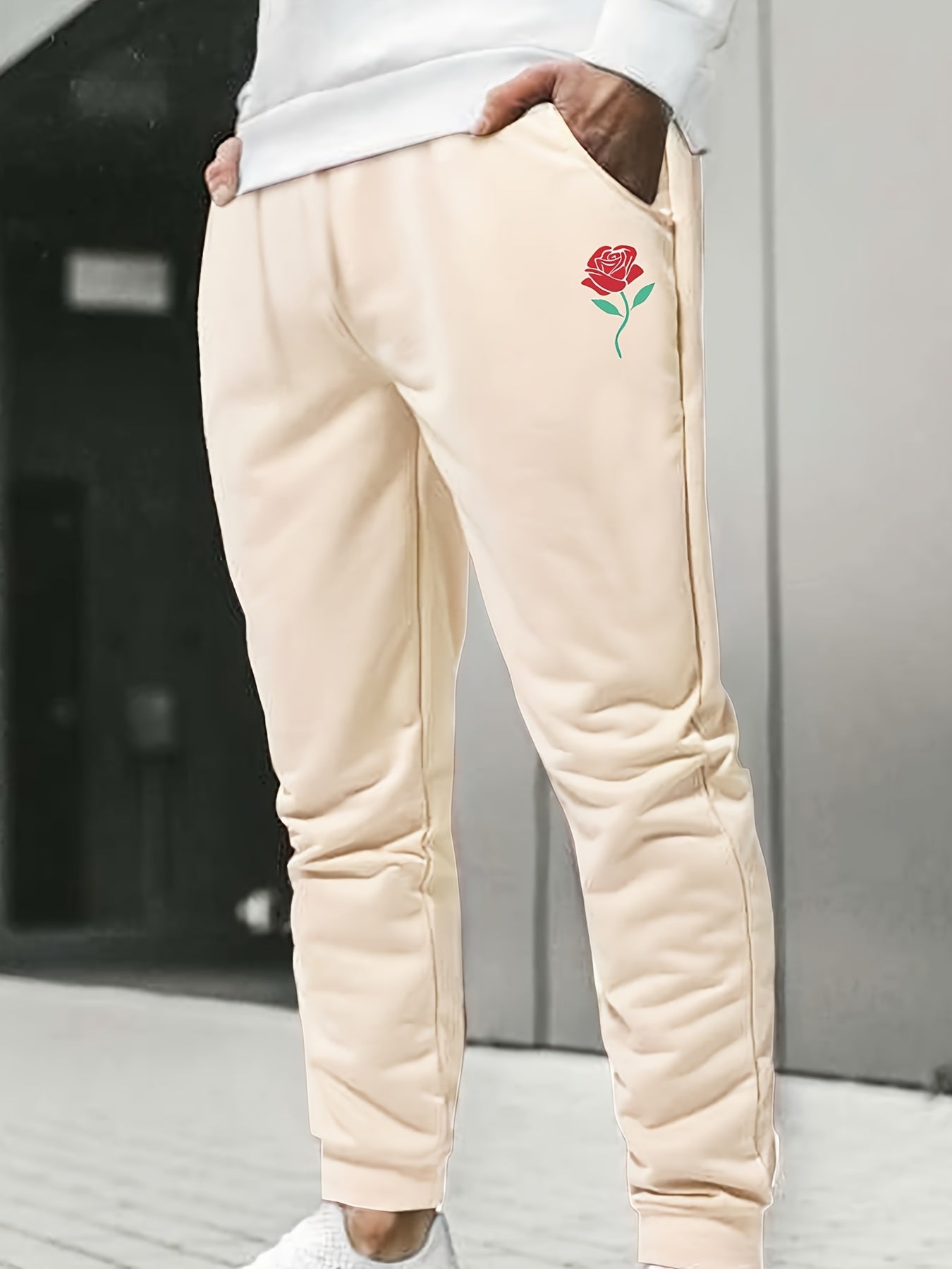 Men's Rose Print Drawstring Sweatpants Active Jogger Pants