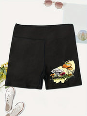 Mushroom Print Skinny Shorts Casual High Waist Women's Clothing