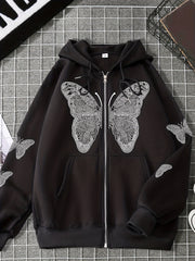 Butterfly Print Long Sleeve Hoodie Sweatshirt Zip Up Hoodies