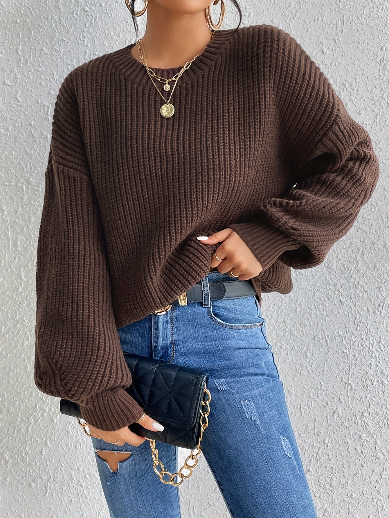 Solid Crew Neck Pullover Sweater Long Sleeve Winter Women's Clothing
