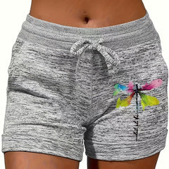 Dragonfly Print Elastic Waist Shorts for Women