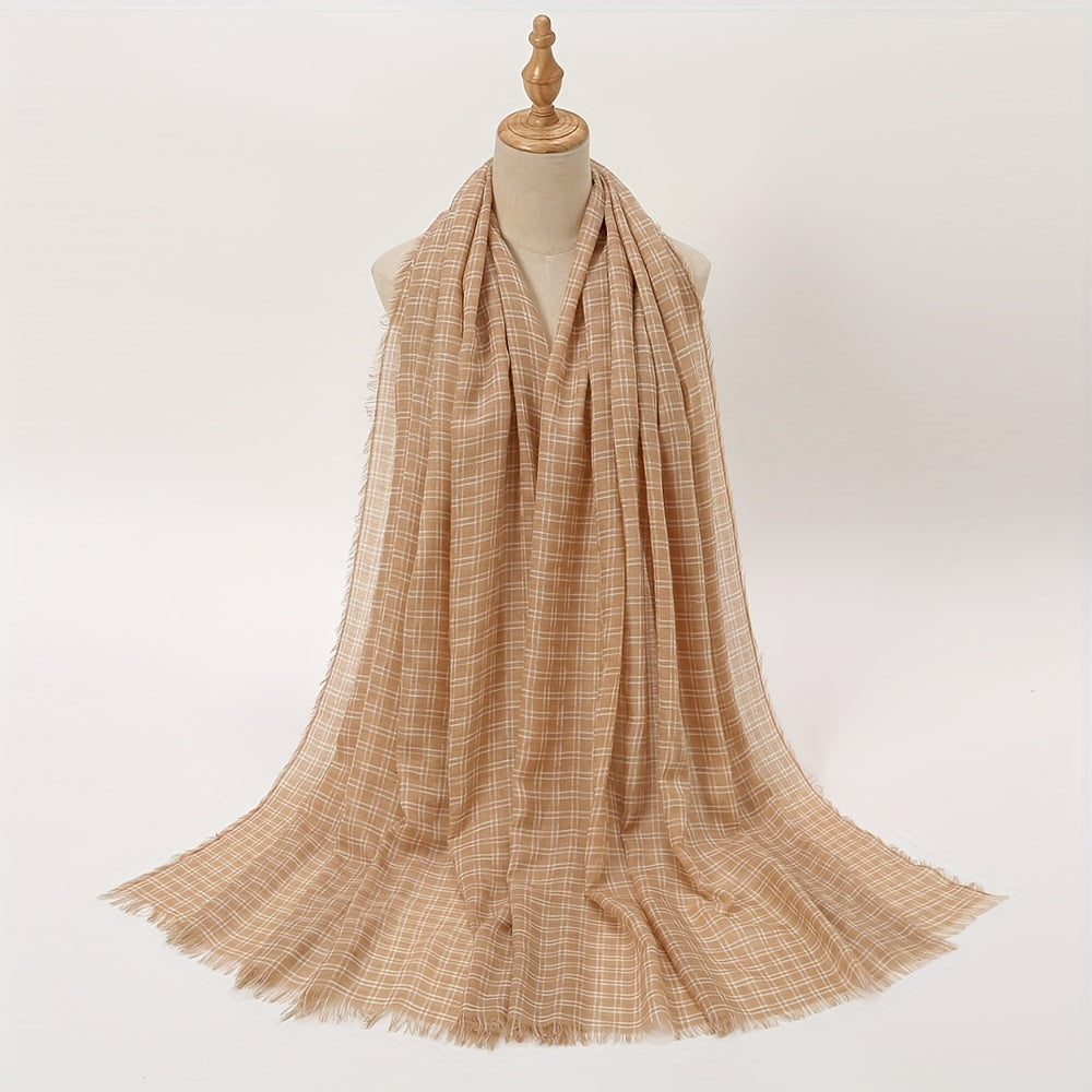 Sunscreen Plaid Cotton Linen Long Scarf