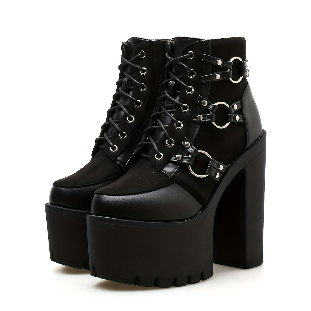 Women's Goth High Heel Boots Block Lace Zip Round Toe Ank