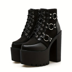 Women's Goth High Heel Boots Block Lace Zip Round Toe Ank