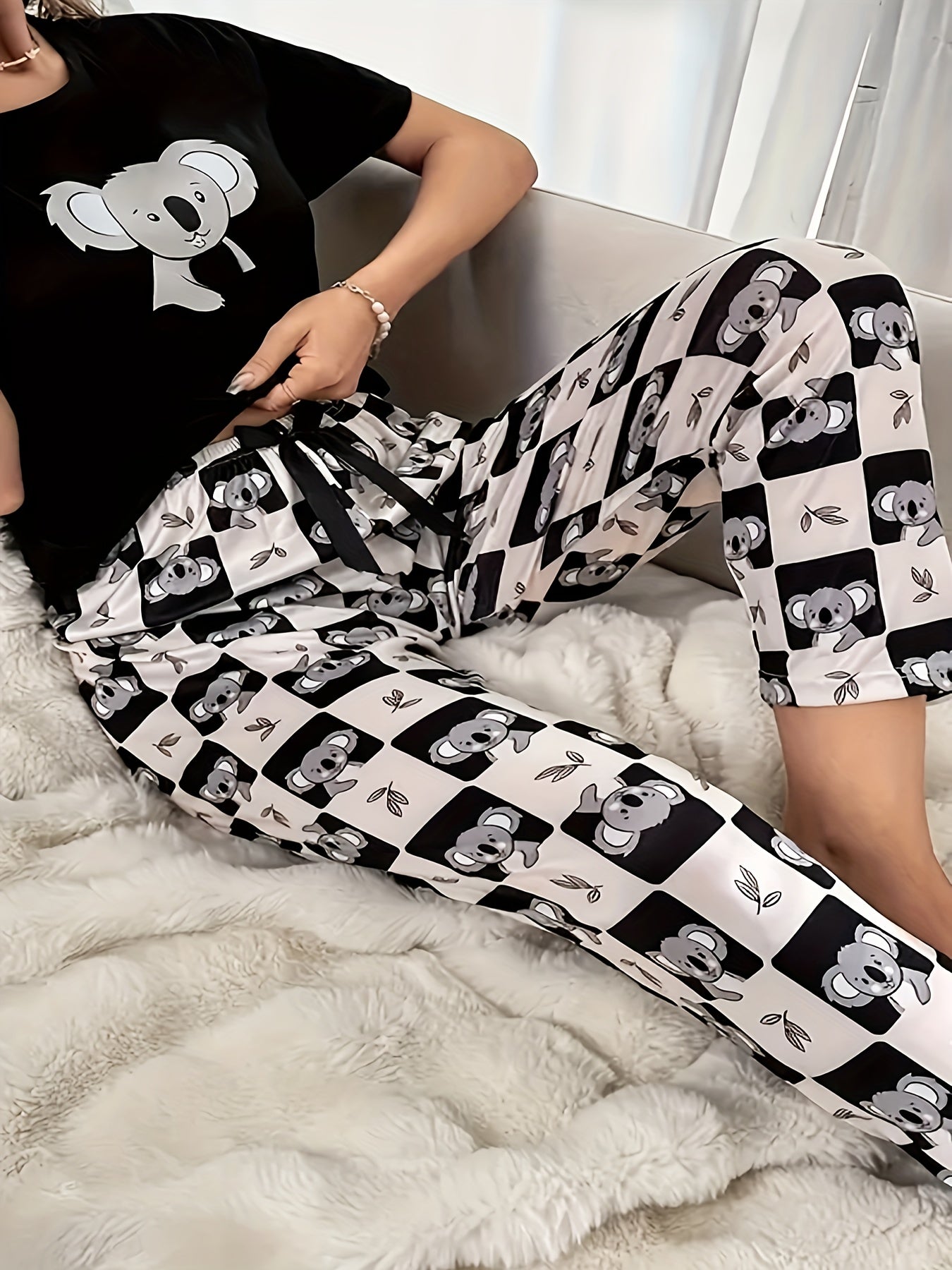 Koala & Checkered Print Tee & Pants Lounge Set