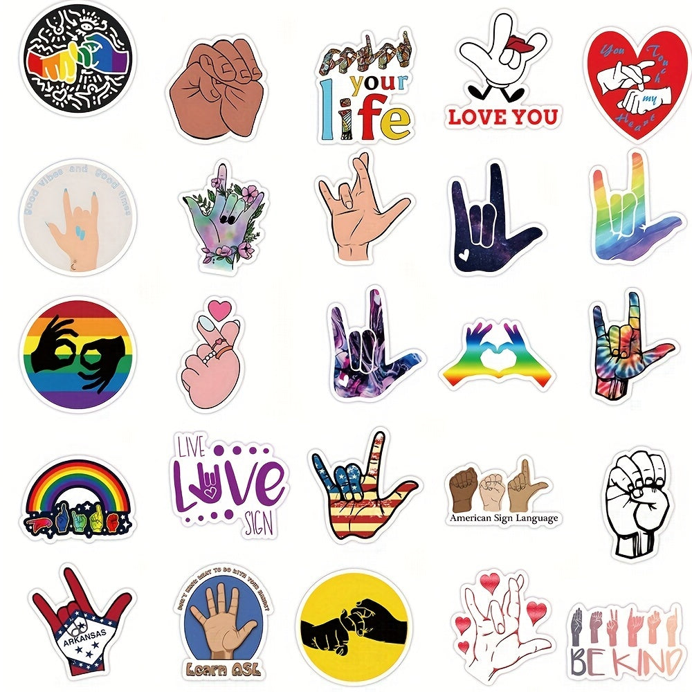 ASL Stickers: I Love You, Be Kind, Rock Gesture Stickers - 50 PCS