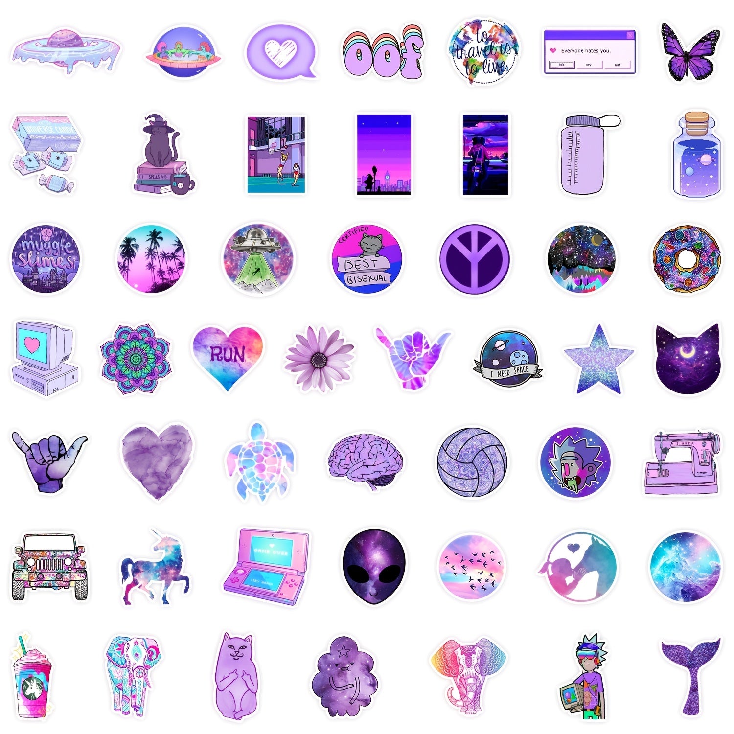 50 Purple Waterproof Stickers Laptop Water Bottle Skateboard