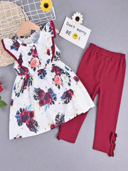 2pcs Girls Floral Print Dress And Pants Set Clothes