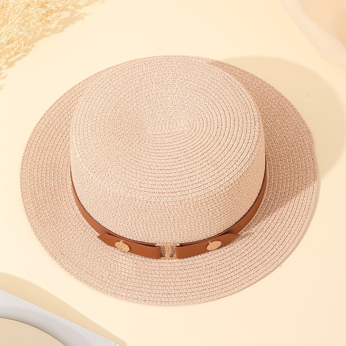 Vintage Pink Straw Flat Top Hat British Style Beach Sun Hat