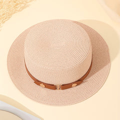 Vintage Pink Straw Flat Top Hat British Style Beach Sun Hat