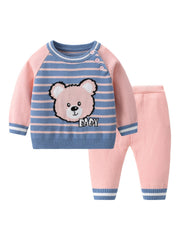 2pcs Baby Boys Bear Embroidery Sweater & Knit Pants Set Clothes