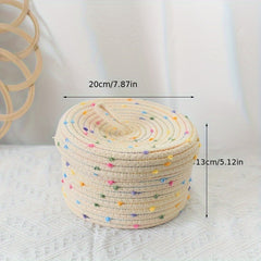 Circular Storage Basket With Lid Beige Cotton Thread Woven Basket