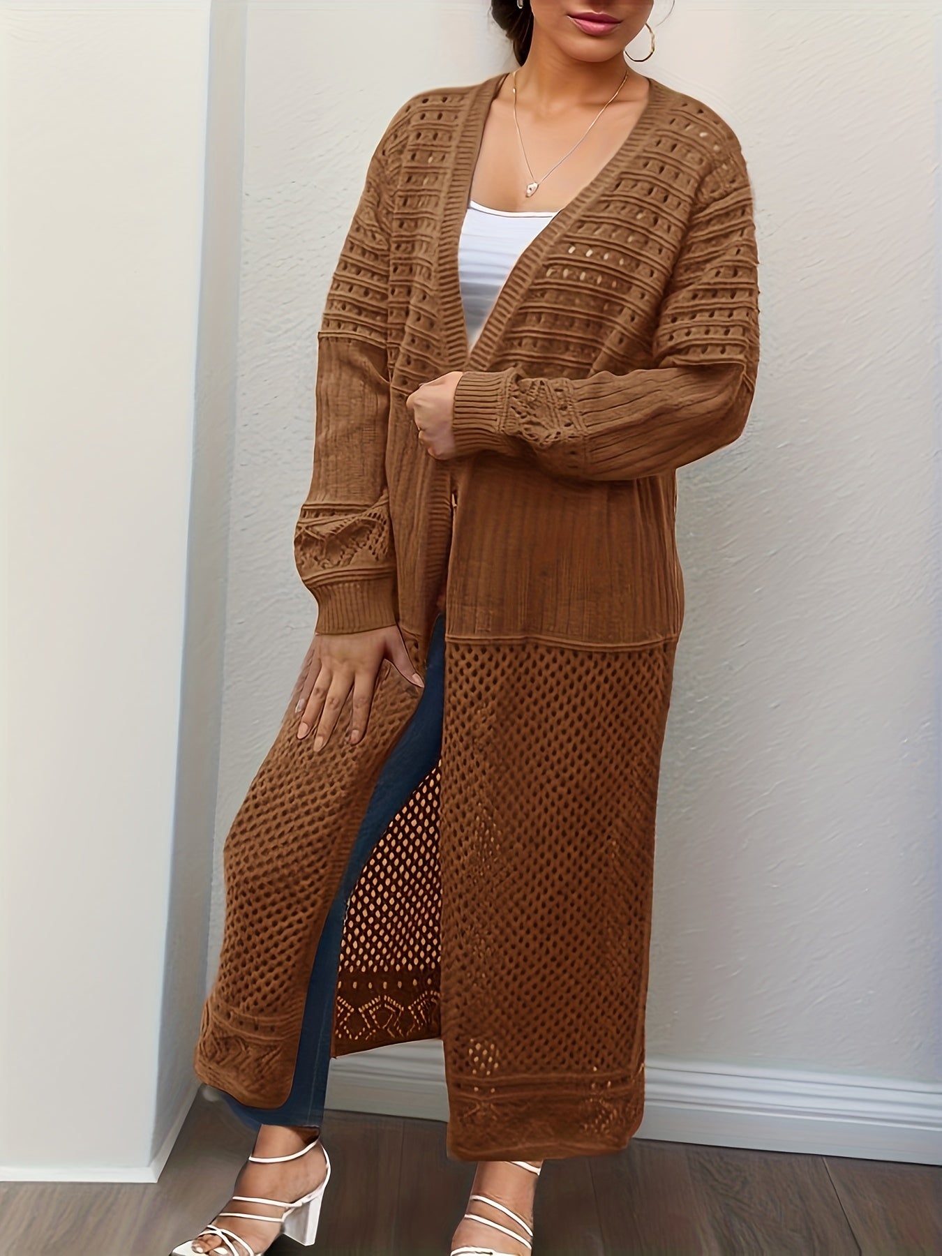Solid Hollow Out Long Sleeve Open Front Long Cardigan