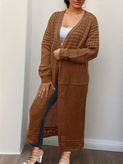 Solid Hollow Out Long Sleeve Open Front Long Cardigan