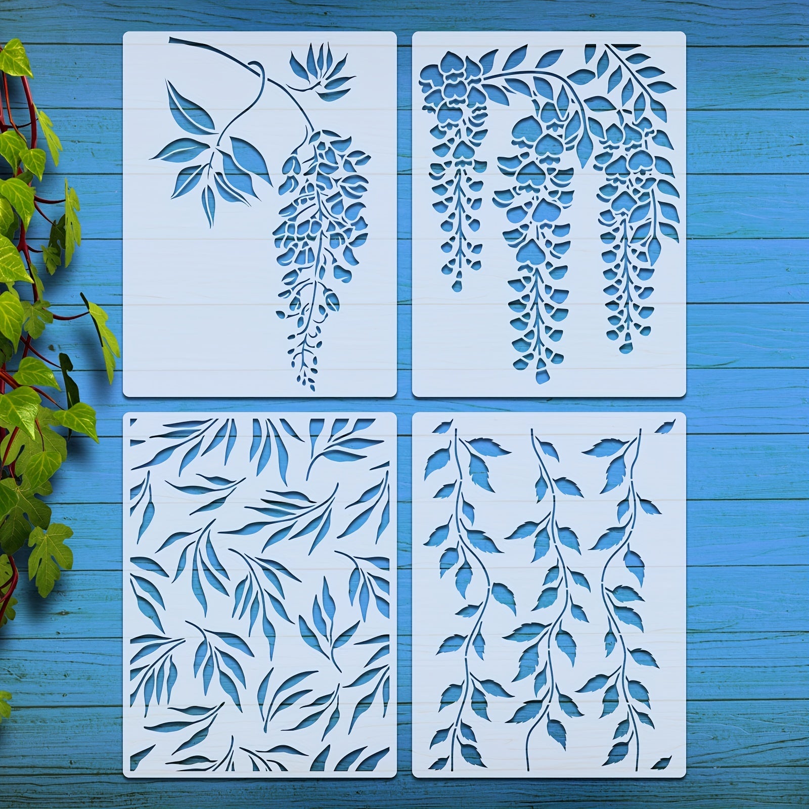 4pcs Flowers Leaves Painting Stencils - Reusable Plastic S