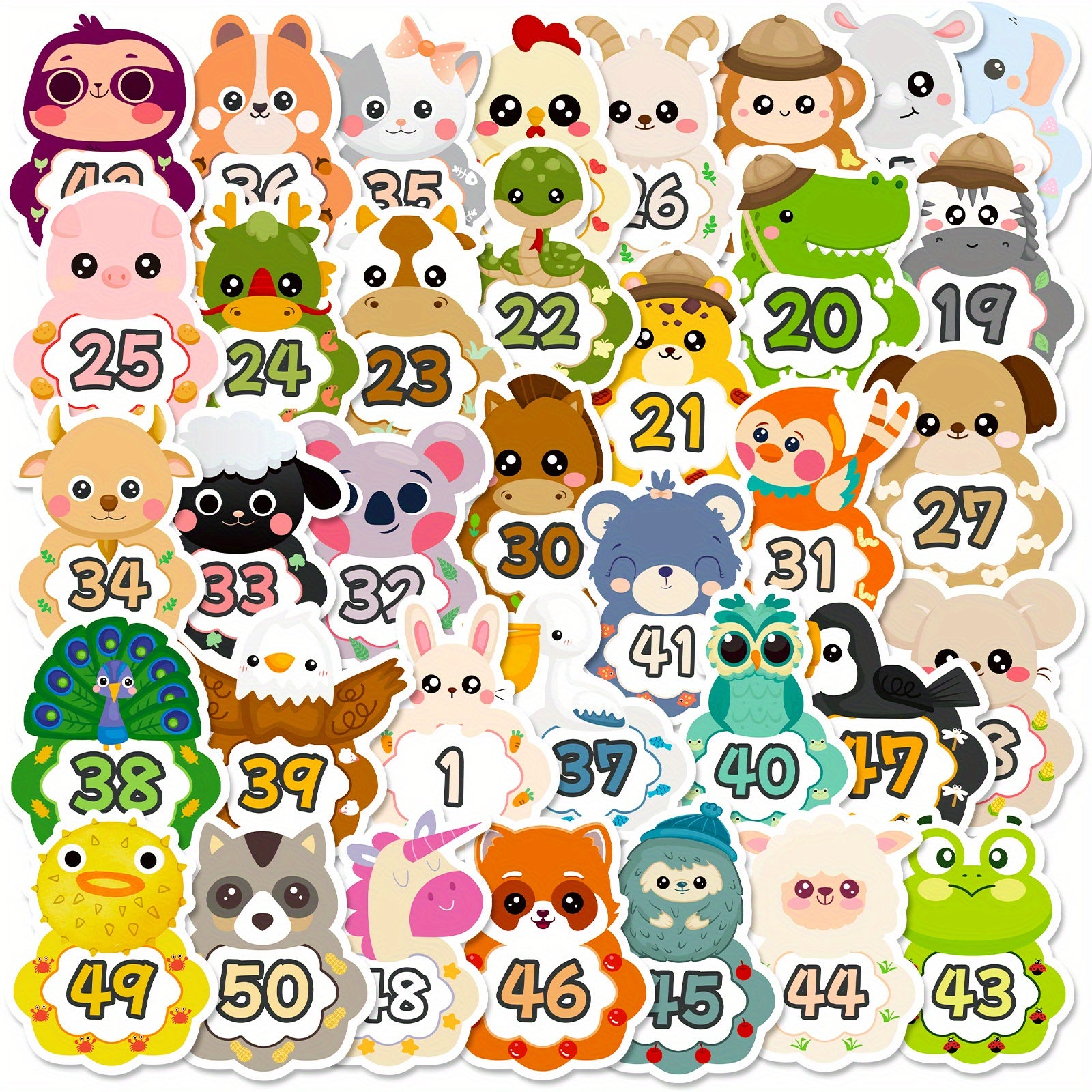 50PCS Cartoon Animal Baby Number Stickers Educational Decals
