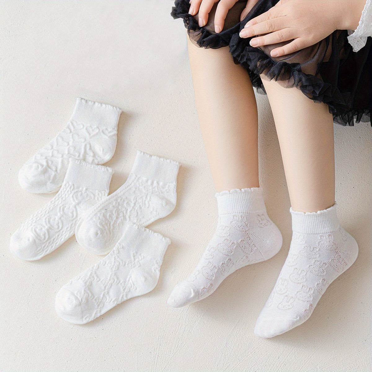 5 Pairs Cartoon Ruffled Knit Crew Socks Girls Accessories
