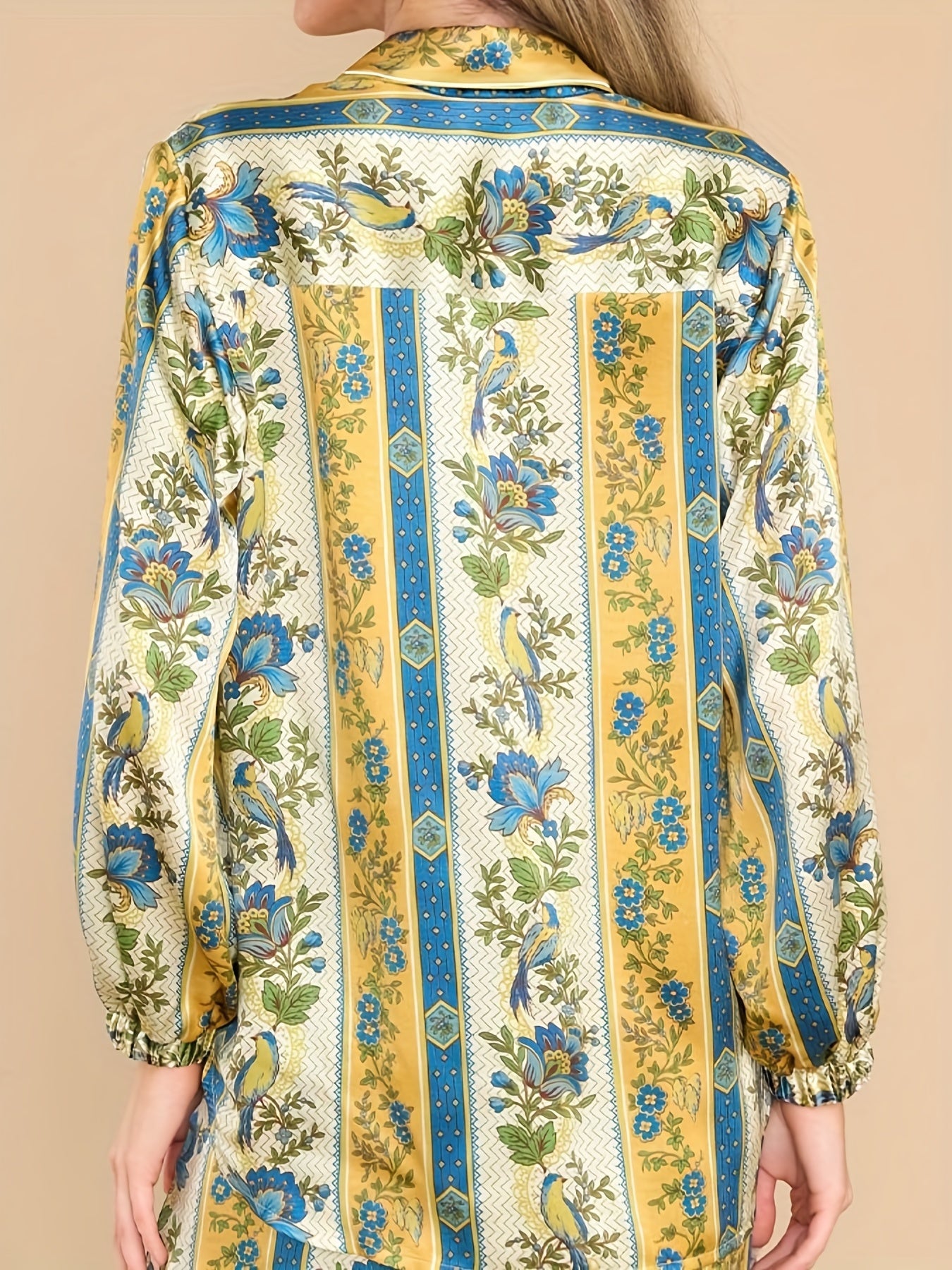 Floral & Geo Print Long Sleeve Button Up Shirt & Drawstring Pants
