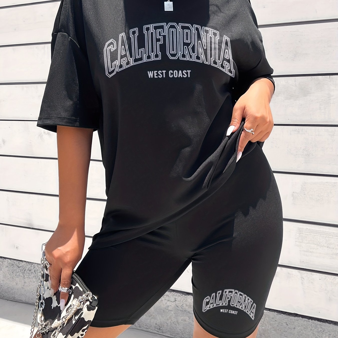 Letter Print Two-piece Set Casual T-shirt & Skinny Shorts Outfits
