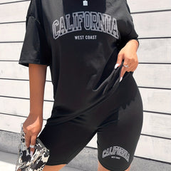 Letter Print Two-piece Set Casual T-shirt & Skinny Shorts Outfits