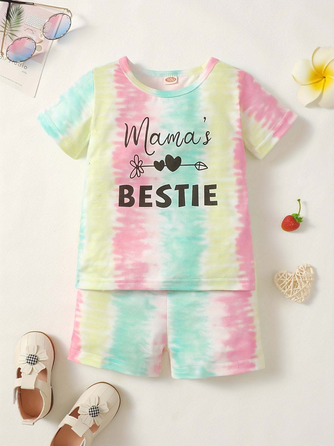 2pcs Baby Girls Tie Dye MAMA'S BESTIE T Shirt & Shorts Set
