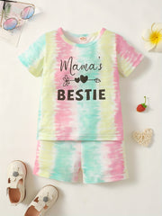 2pcs Baby Girls Tie Dye MAMA'S BESTIE T Shirt & Shorts Set