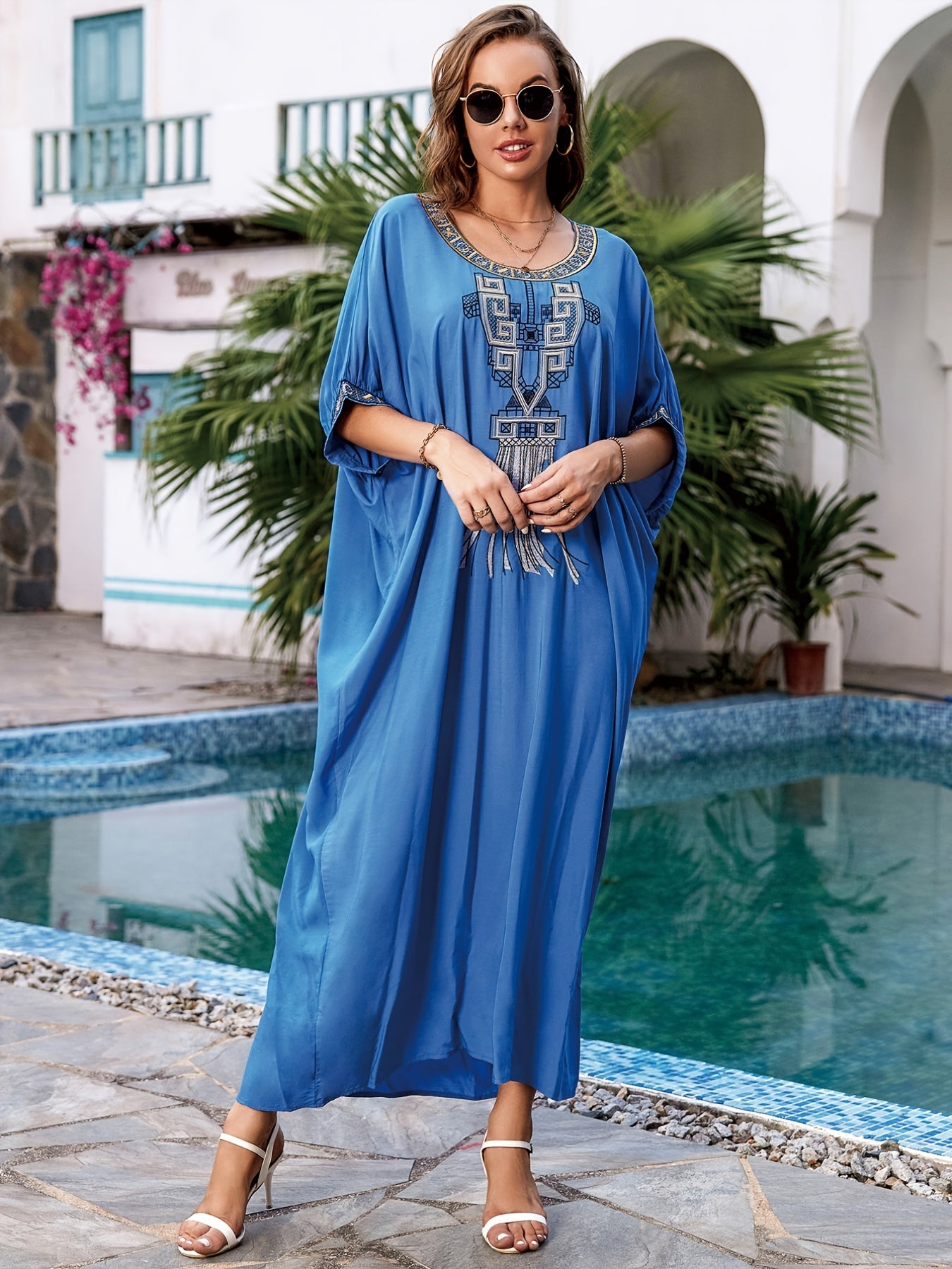 Boho Kaftan Dress Women's Plus Embroidered Batwing Sleeve