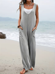 Casual Tank Jumpsuit Women's Plus Solid V Neck Loose Overall Jumpsuit