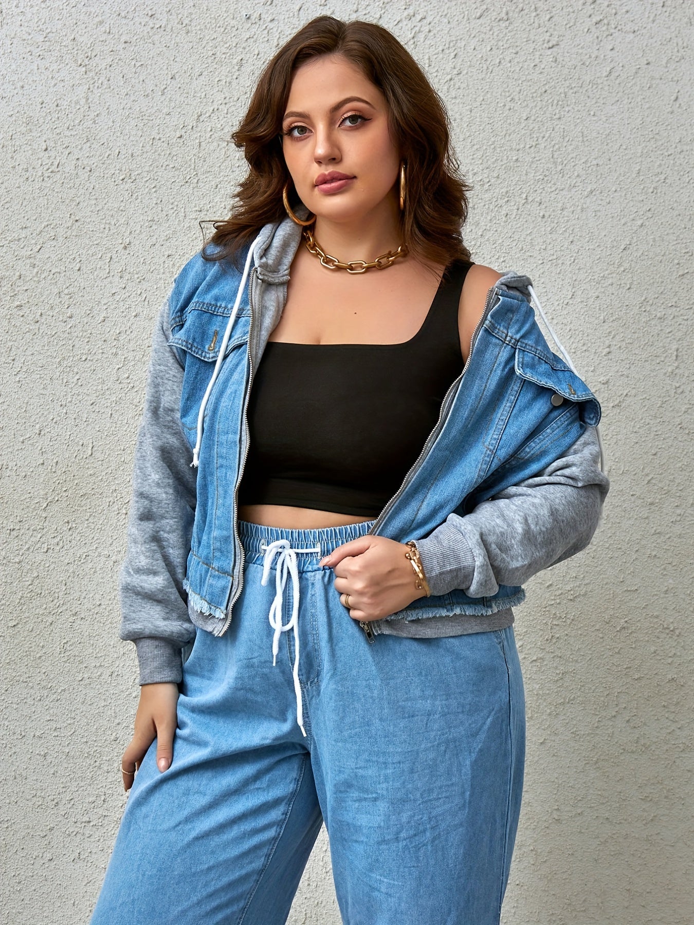 Colorblock Hooded Denim Jacket