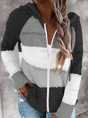 Zip Up Knit Cardigan Hollow Hooded Sweater