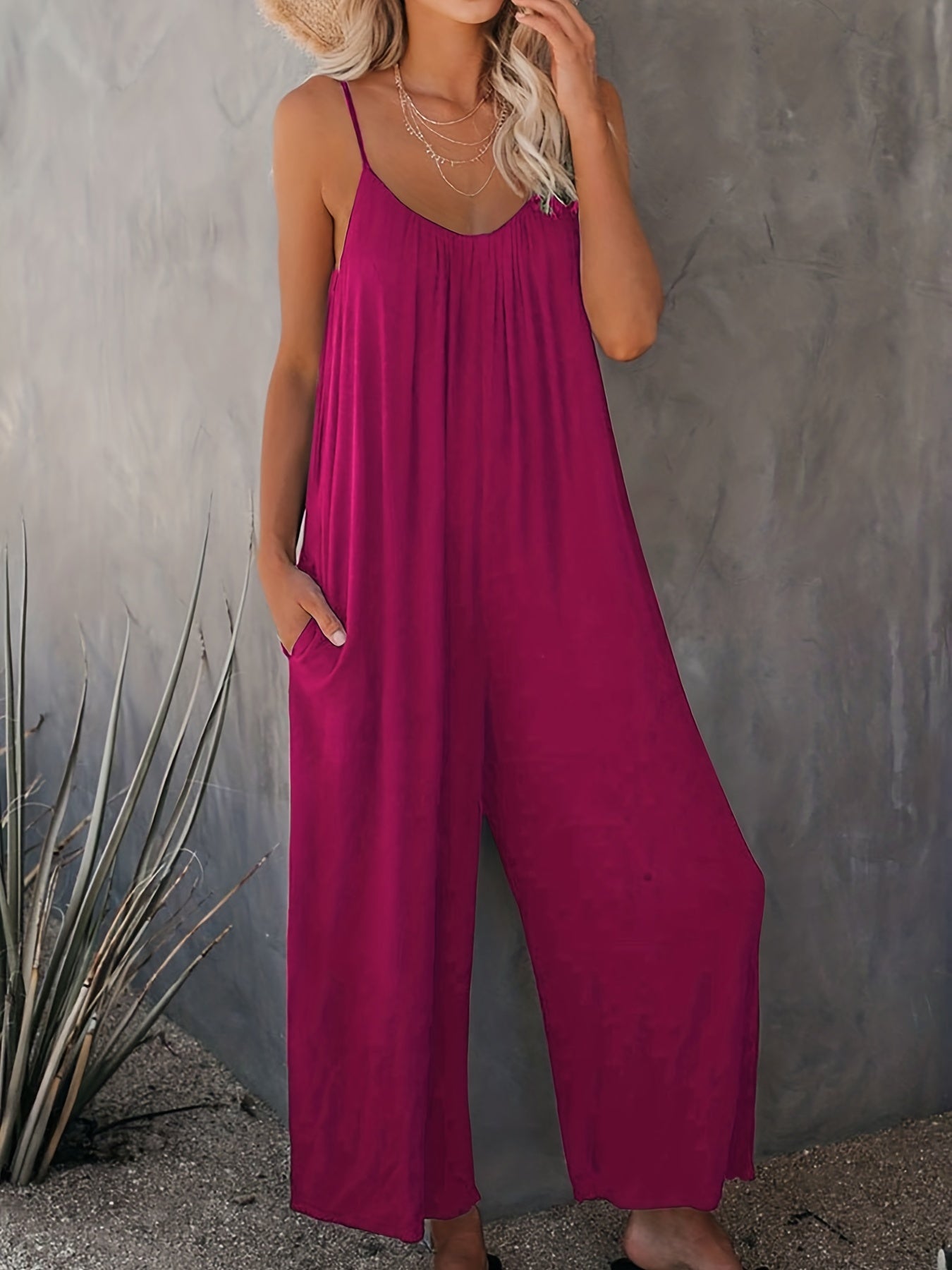 V-Neck Wide Leg Jumpsuit with Pockets