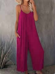 V-Neck Wide Leg Jumpsuit with Pockets