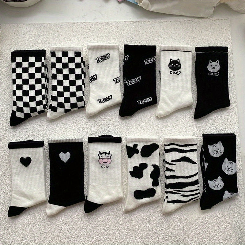12 Pairs Cartoon Print Socks Women's Mid Tube Stockings