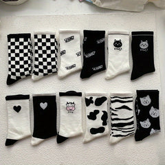 12 Pairs Cartoon Print Socks Women's Mid Tube Stockings