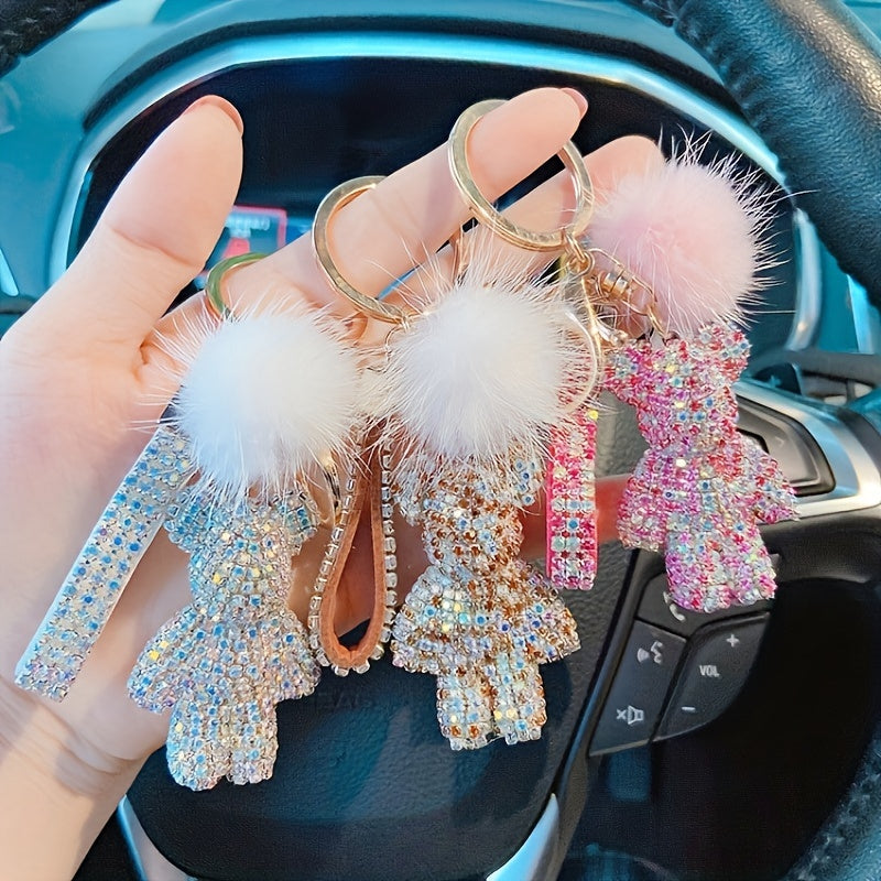 Unique Fun Keychain Gift For Girls with Artificial Diamond Hairball Bear