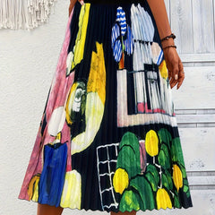 Abstract Print High Rise Pleated A line Skirt