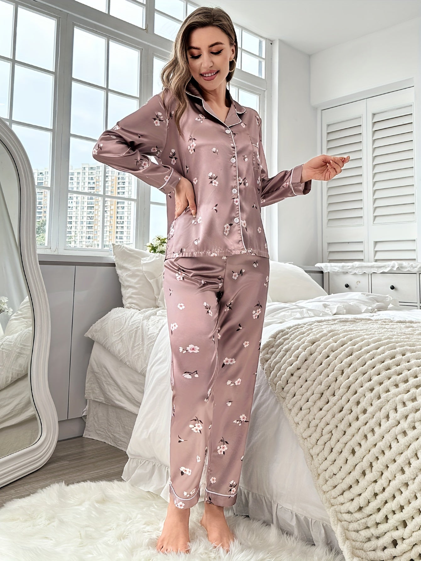 Floral Print Pajama Set Long Sleeve Buttons Top & Elastic Waistband Pants