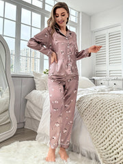 Floral Print Pajama Set Long Sleeve Buttons Top & Elastic Waistband Pants