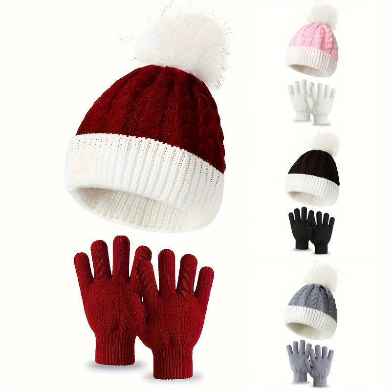 Kids Warm Hat & Gloves Set for Cold Weather, Knitted Windproof Hat & Gloves 3pcs