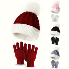 Kids Warm Hat & Gloves Set for Cold Weather, Knitted Windproof Hat & Gloves 3pcs