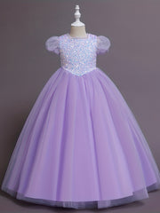 Sequins Princess Dress Puff Sleeves Fit Flare Girls Birthday Show