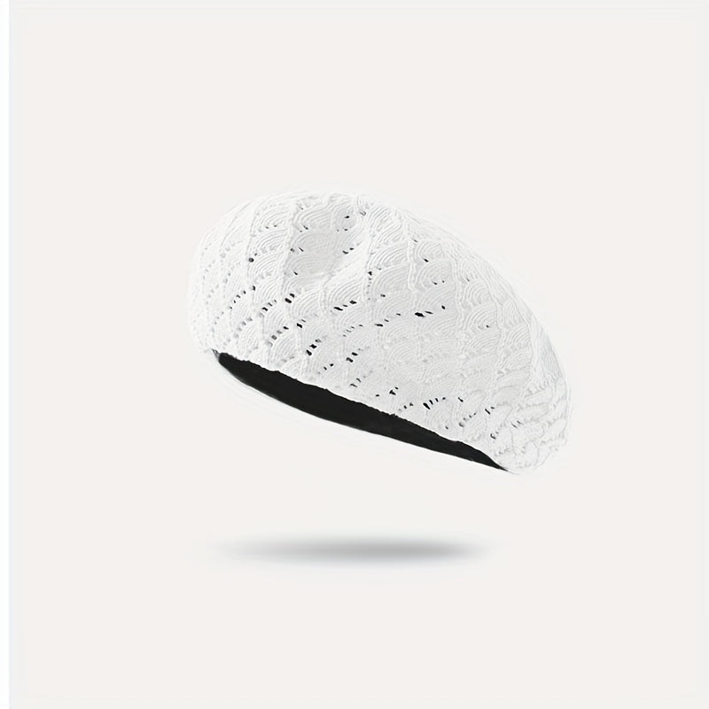 Knitted Hollow Out Beret Solid Thin Breathable Lightweight Painter Cap