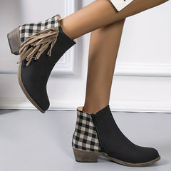 Women's Plaid Ankle Boots Tassel Round Toe Side Zipper Low Heel Short Boots