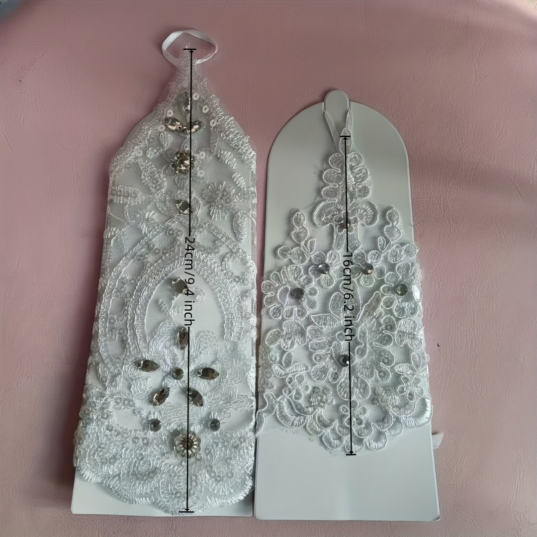 Pisiano Lace Up Gloves with Rhinestones and Sequins Fingerless Bridal Gloves